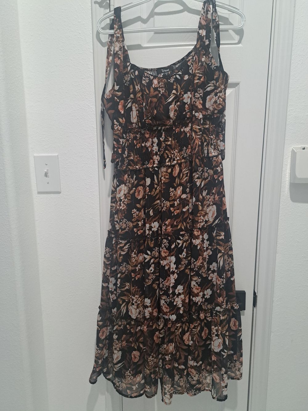 Trixxi Black Floral Midi Dress with Brown and Cream Flowers